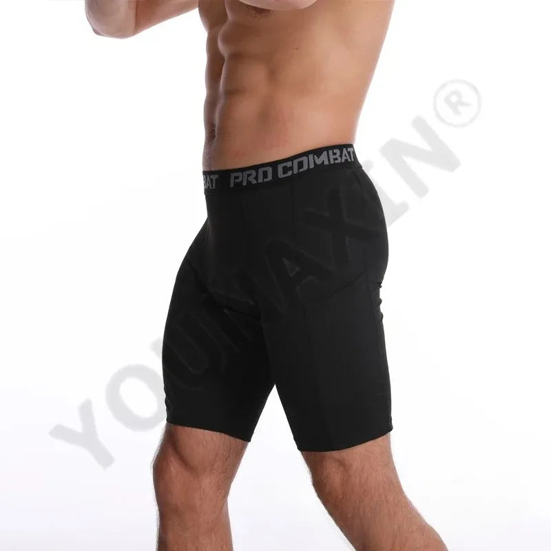 Mens Gym Shorts with Pockets Workout Compression Leggings for Men Polyester Boxer Briefs Running Basketball Athletic Tights