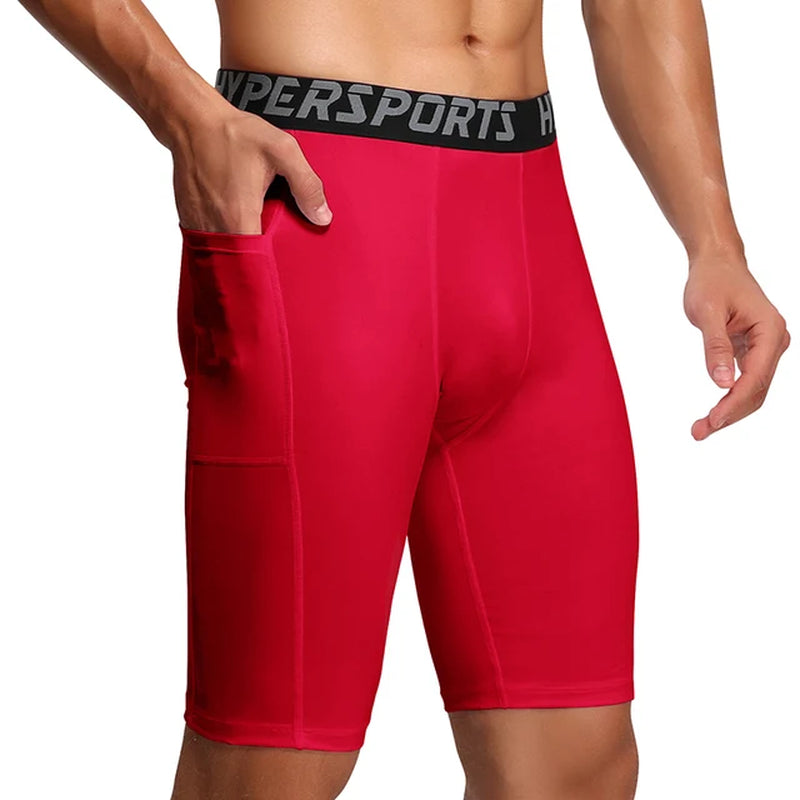 Mens Gym Shorts with Pockets Workout Compression Leggings for Men Polyester Boxer Briefs Running Basketball Athletic Tights