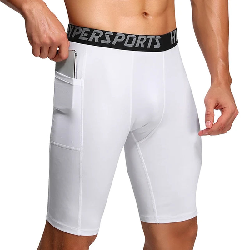Mens Gym Shorts with Pockets Workout Compression Leggings for Men Polyester Boxer Briefs Running Basketball Athletic Tights