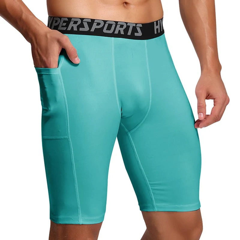 Mens Gym Shorts with Pockets Workout Compression Leggings for Men Polyester Boxer Briefs Running Basketball Athletic Tights