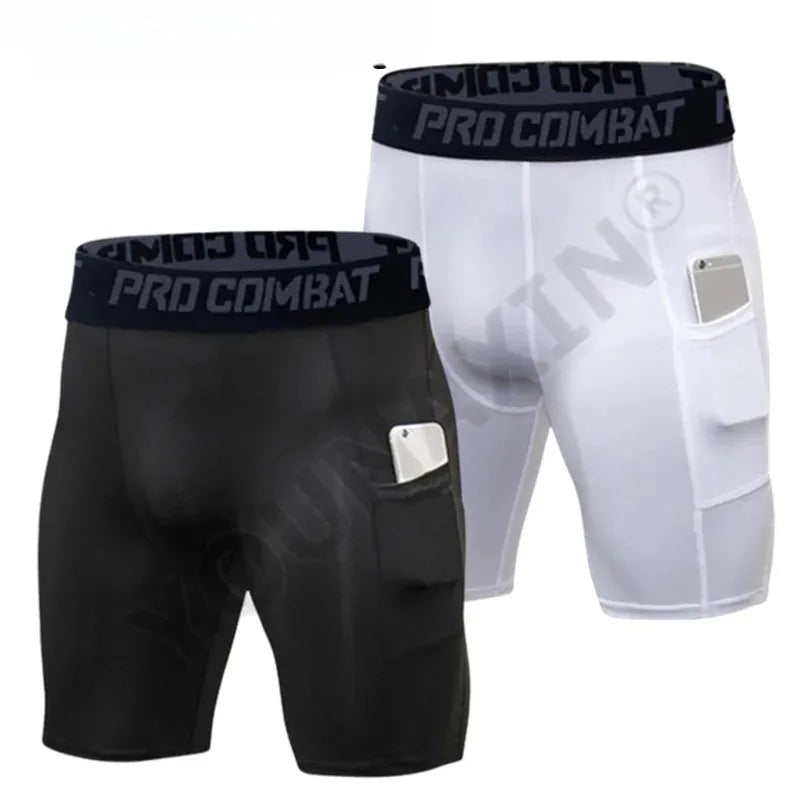 Mens Gym Shorts with Pockets Workout Compression Leggings for Men Polyester Boxer Briefs Running Basketball Athletic Tights