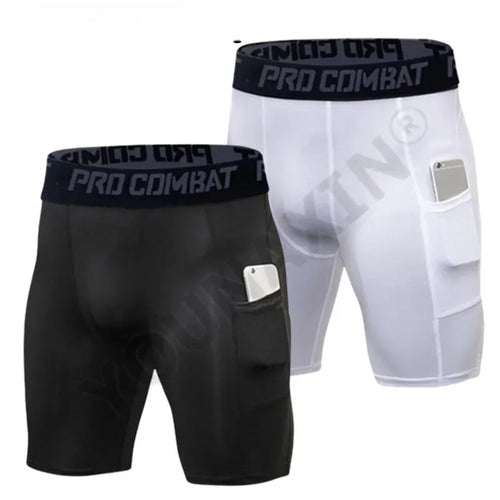 Mens Gym Shorts with Pockets Workout Compression Leggings for Men Polyester Boxer Briefs Running Basketball Athletic Tights